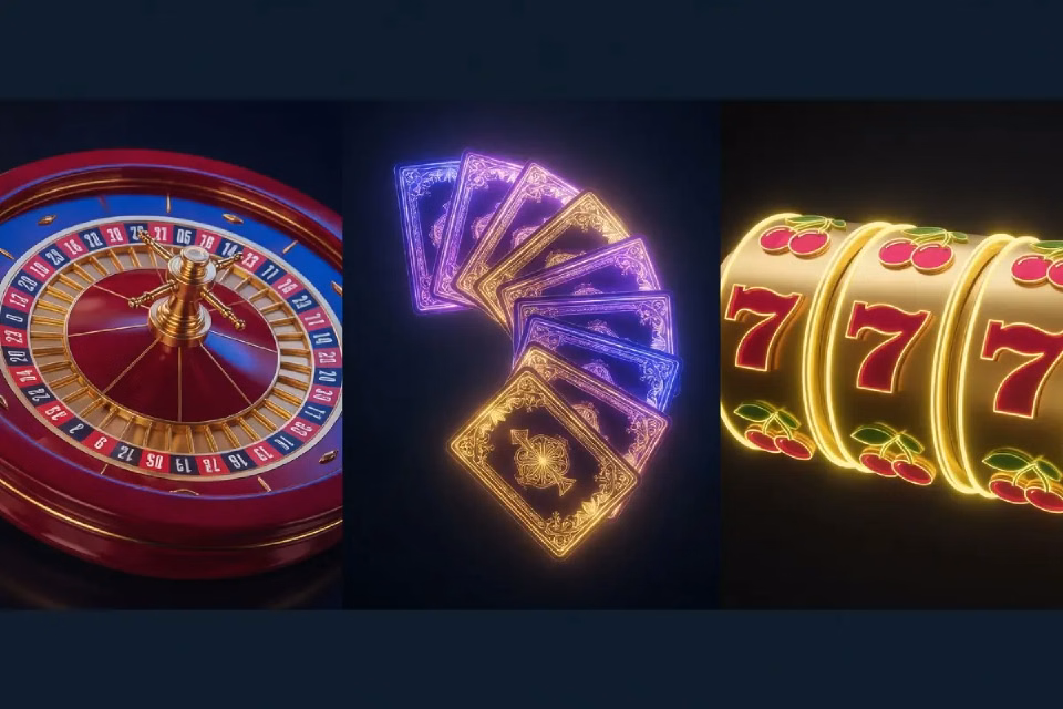 Escena ilustrada con ruleta, cartas y rodillos de juego.