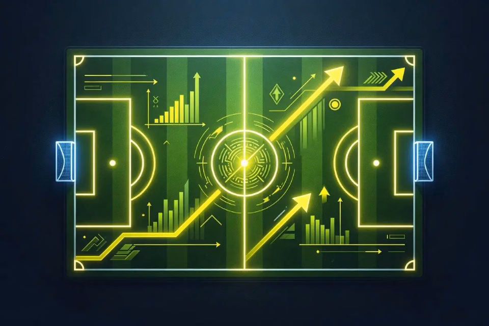 Campo de fútbol ilustrado con líneas amarillas sobre fondo oscuro.